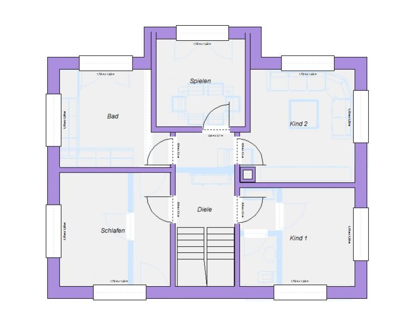 Grundriss eines Stockwerks: Schlafen, Bad, Diele, Spielen, Kind 1, Kind 2, Treppen.