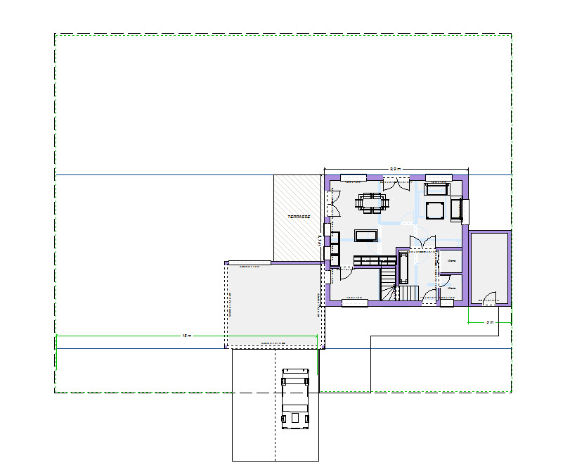 Grundriss eines Hauses mit Terrasse, Wohnbereich, Küche, Treppenhaus und Garage.