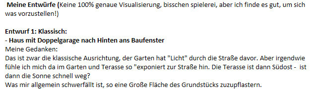 Skizzenblatt mit Entwurf 1: Klassisch – Haus mit Doppelgarage, Garten und Terrasse, Notizen.