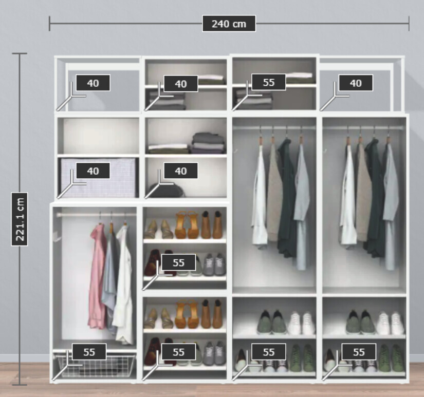 Offenes Kleiderschrank-System mit Kleiderstange, Schuhregalen und Fächern; Breite 240 cm, Höhe 221 cm.