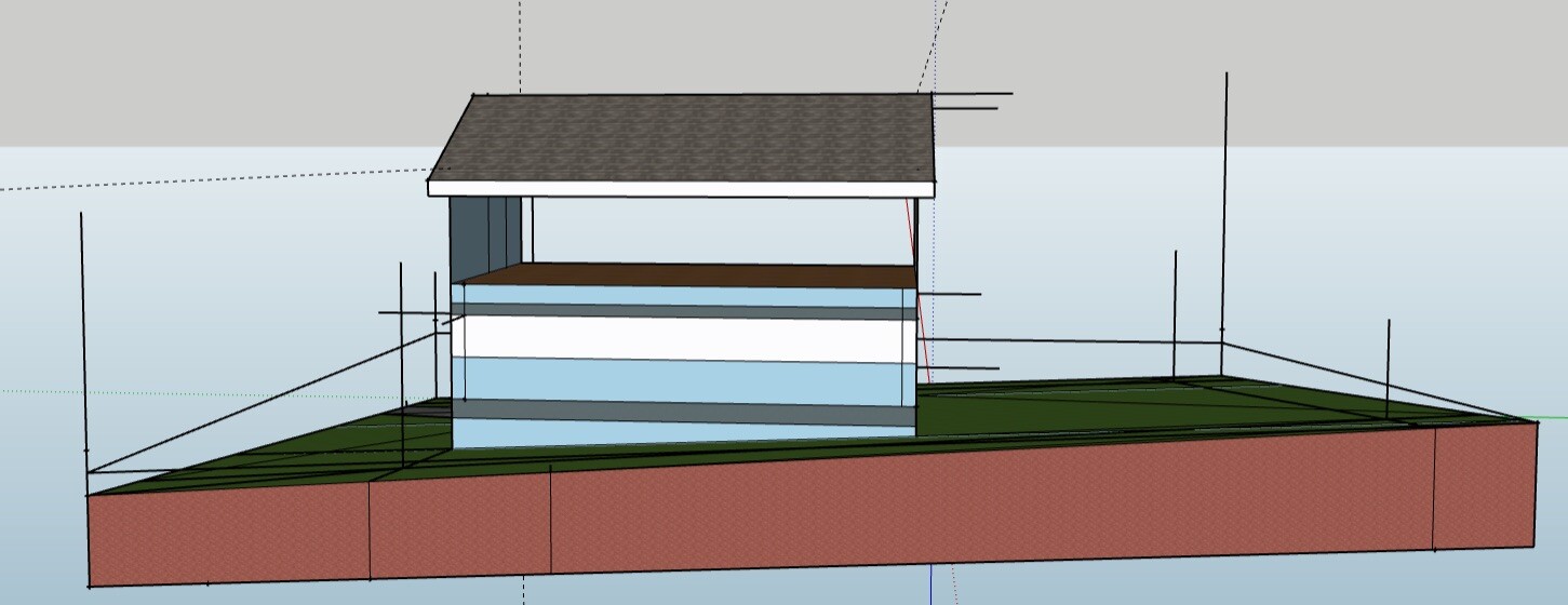 3D-Modell eines Pavillons auf rotem Fundament mit Grasfläche und Flachdach.