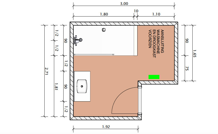 Grundriss eines Badezimmers mit Badewanne, Waschbecken, Tür und Maßangaben.