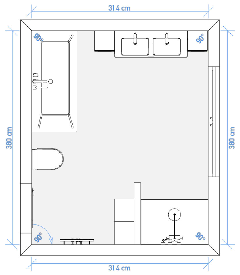 Badezimmer-Grundriss: Badewanne links, Doppelwaschbecken oben, Toilette links, Dusche rechts