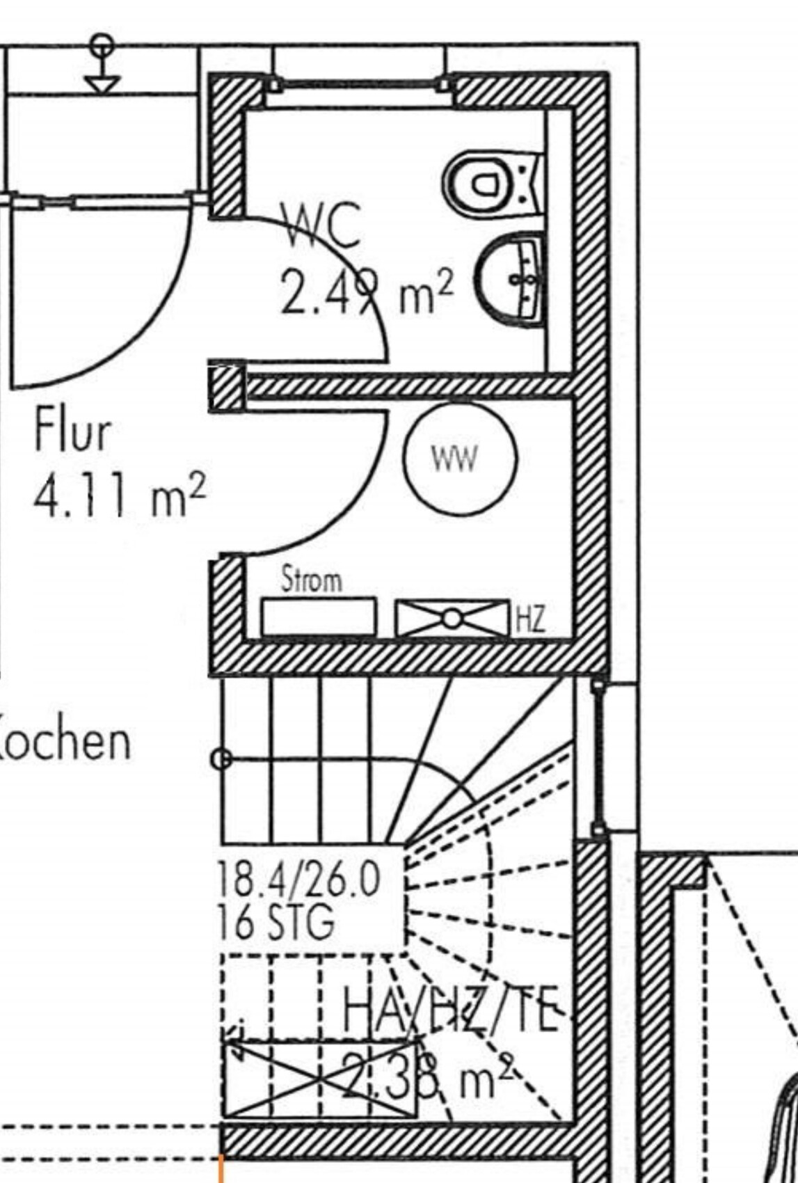 Grundriss eines kleinen Apartments: Flur 4,11 m²; WC 2,4 m²; Treppenaufgang.