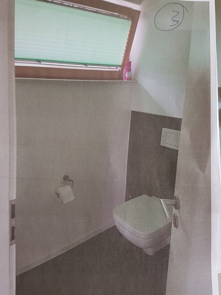 Kleines Badezimmer mit wandhängendem WC, Fenster mit grüner Jalousie, Toilettenpapierhalter.