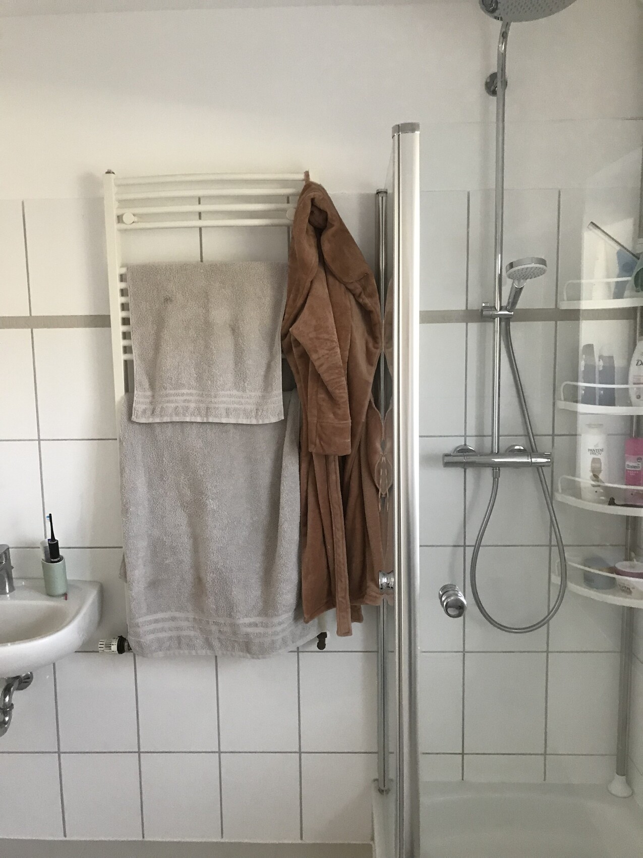 Badezimmer: weiße Handtuchheizung mit grauem Handtuch und braunem Bademantel, Dusche im Hintergrund.
