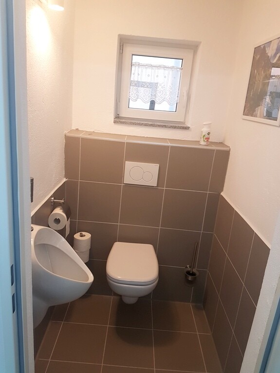 Kleines WC mit Wandtoilette, Spülknopf, Toilettenpapierrolle, Bürste, Fenster.