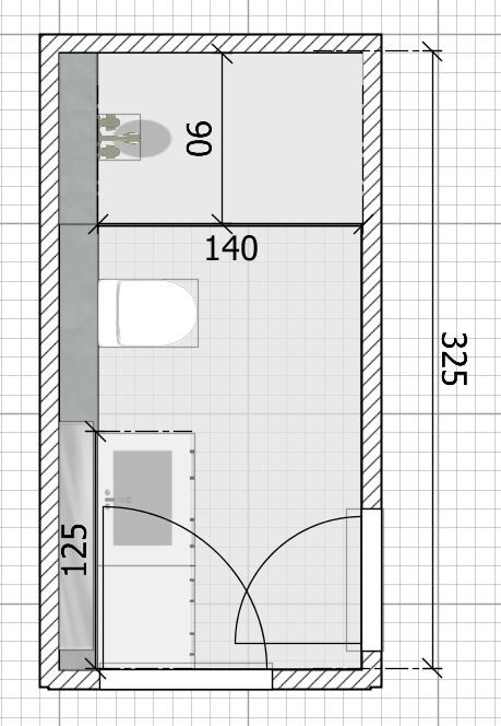 Grundriss eines kleinen Zimmers mit Möbeln, Türen und Maßangaben (90/140/325 cm)