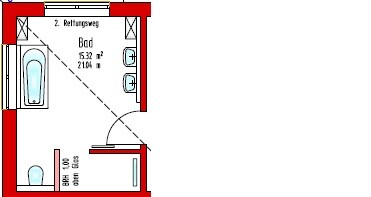 Kleiner 2D Badgrundriss mit Badewanne, Toilette und Waschbecken.