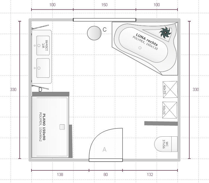 Grundriss eines Raums: Tür unten; Badewanne rechts; Toilette unten rechts; Bett links; Küche links oben.