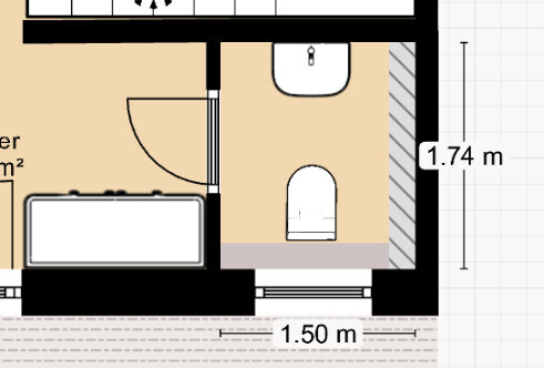 2D Grundriss: kleines Bad mit Toilette und Waschbecken neben Schlafzimmer, Tür geöffnet