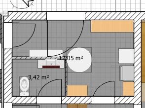 Kompakter Bad-Grundriss mit Toilette, Waschbecken und Tür, graue Fliesen