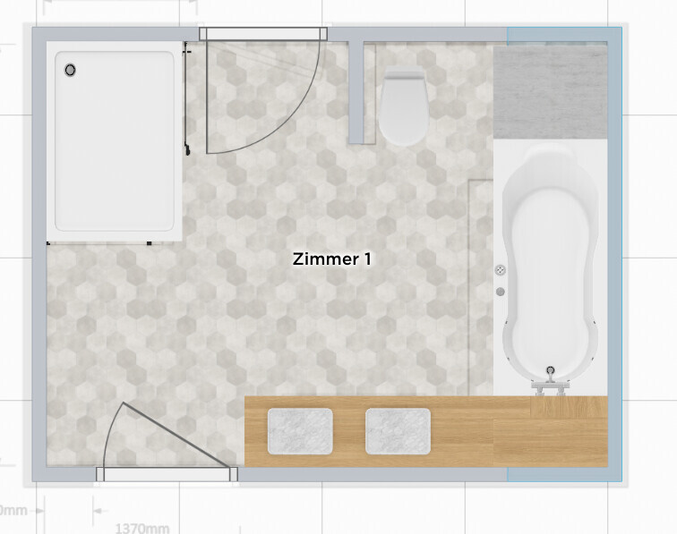 Grundriss Badezimmer: Dusche links, WC oben, Badewanne rechts, Doppelwaschbecken unten.