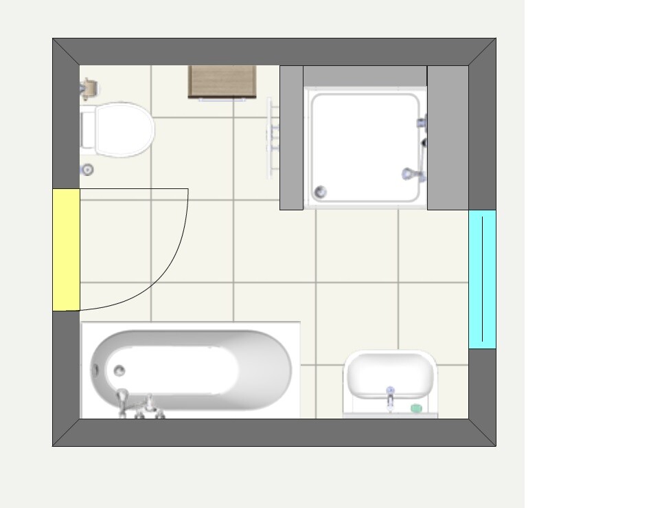 Grundriss eines Badezimmers: Badewanne links, Toilette oben links, Dusche oben, Waschbecken rechts.