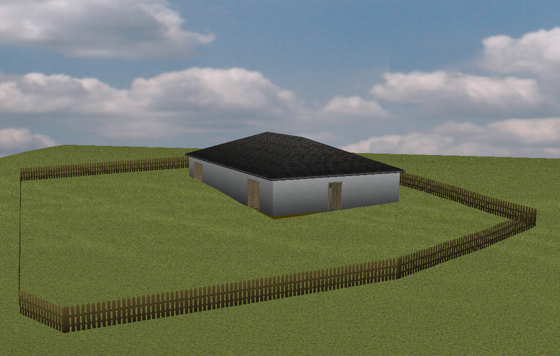 Kleines graues Haus mit schwarzem Dach, von Holzzaun umgeben, auf grünem Gelände.