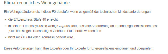 Klimafreundliches Wohngebäude: Effizienzhaus 40, CO2 gering, nicht mit Öl/Gas/Biomasse beheizt.