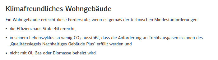 Klimafreundliches Wohngebäude: Kriterien für Effizienzhaus 40, CO2-Reduktion, keine Ölheizung.