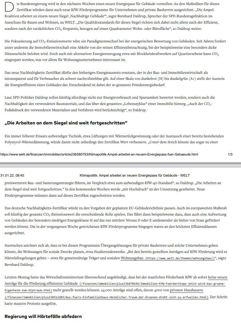 Zeitungsartikel: Klimapolitik-Ampel arbeitet an neuem Gebäude-Energiepass