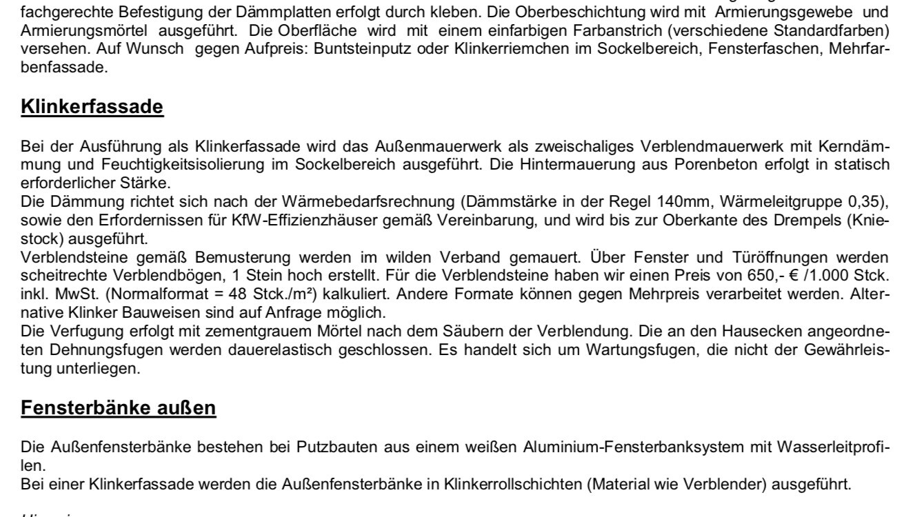 Dokumenttext zur Klinkerfassade, Dämmung und Außenfensterbänke.