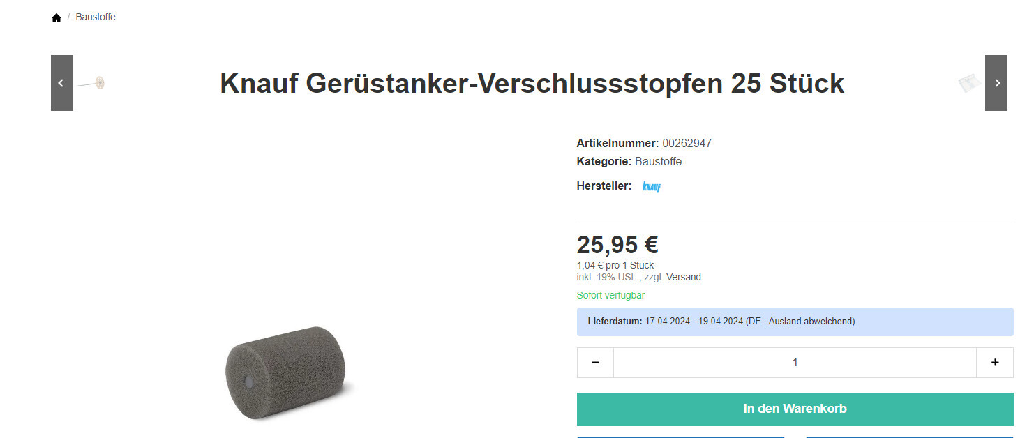 Ein einzelner grauer Schaumstoff-Verschlussstopfen, passend für Gerüstanker.