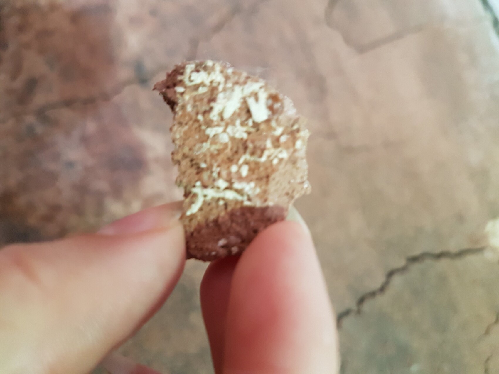 Nahaufnahme eines Granola-Riegels mit Haferflocken und Nüssen, zwischen Fingern gehalten