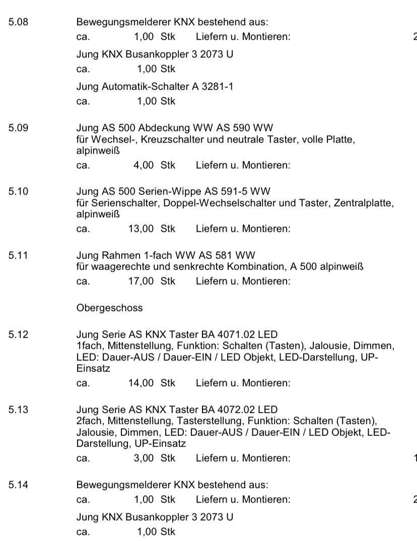 KNX-Stückliste mit Teilenamen, Mengen und Montageschritten (5.08–5.14).
