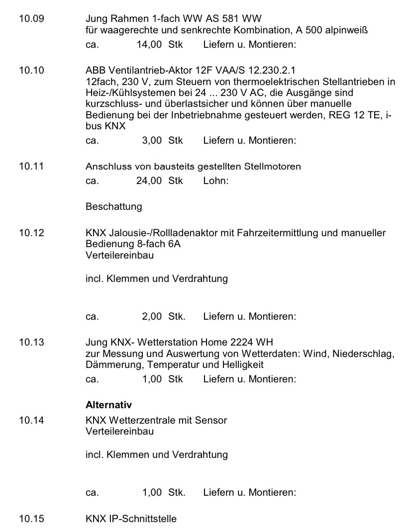 Dokument mit Terminliste zu Wartung, Montage und Lieferung von KNX-Komponenten.