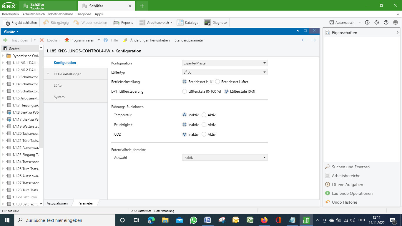 Screenshot einer KNX-LUNOS-Konfiguration am PC mit HLK-Einstellungen und Lüftersteuerung.