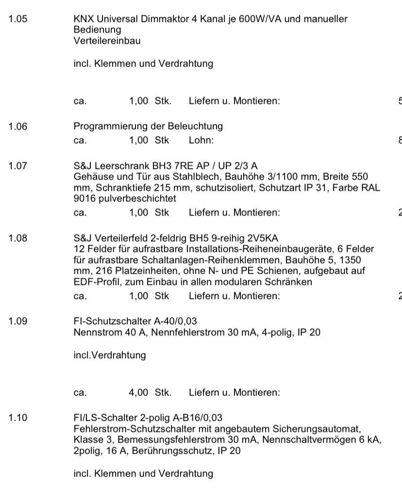 Seitenansicht einer Bauteilliste: KNX-Dimmtaktor, Verteilerbau, Schränke, FI-Schutzschalter.