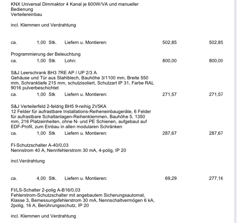 Preisliste mit KNX-Installationskomponenten (Dimmaktor, Verteiler, Schalter).