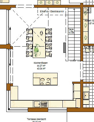 2D Grundriss: offener Küchen- und Essbereich mit Esstisch und Insel.