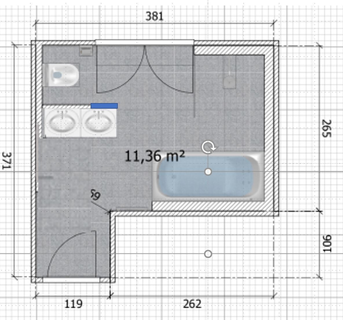 Badezimmer-Grundriss: Doppelwaschbecken links, Badewanne rechts, Toilette links oben, Eingang unten links.