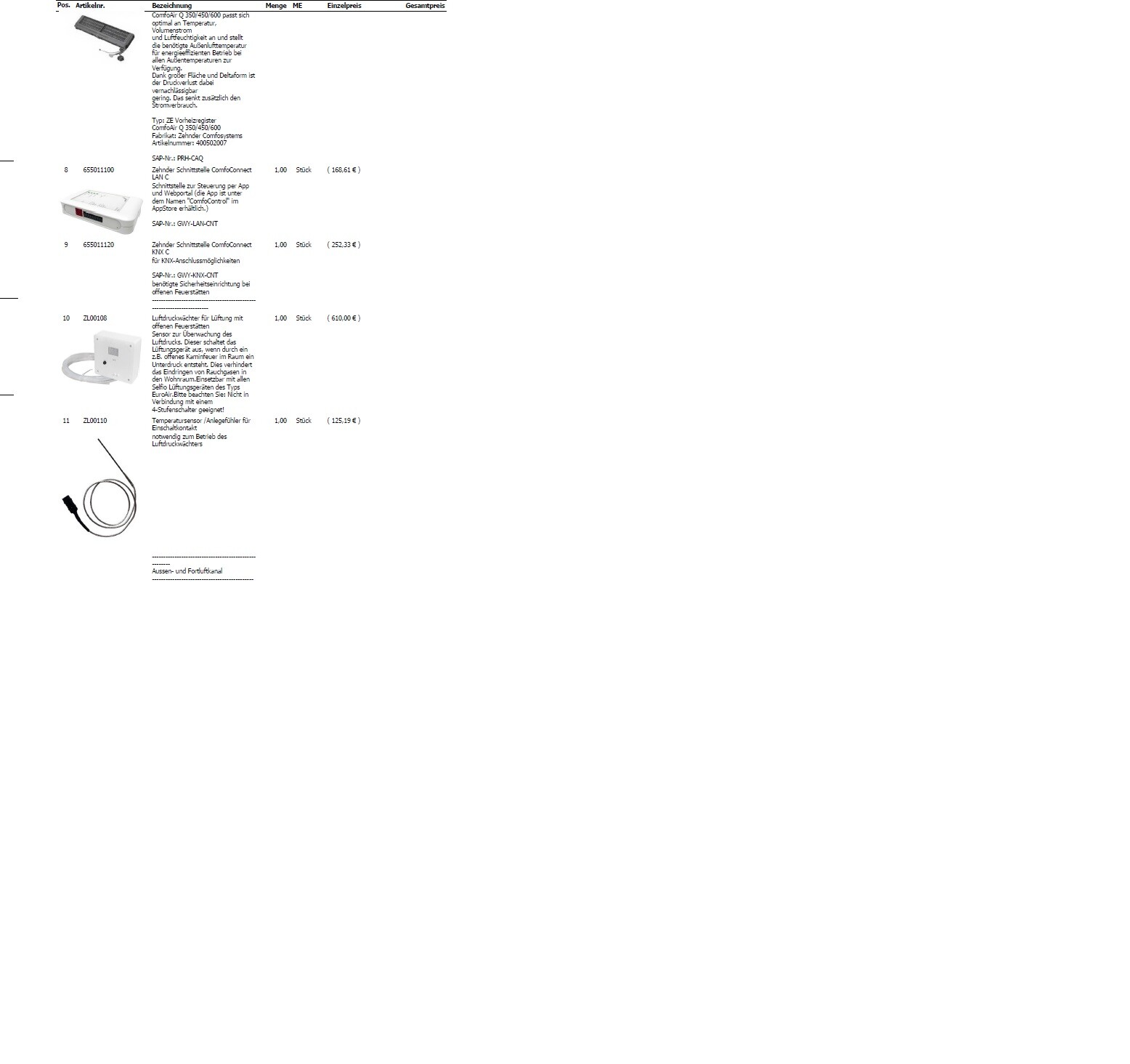 Produktkatalog-Seite mit Bildern von kleinen Elektronikgeräten und Kabeln, mit Beschreibungen.