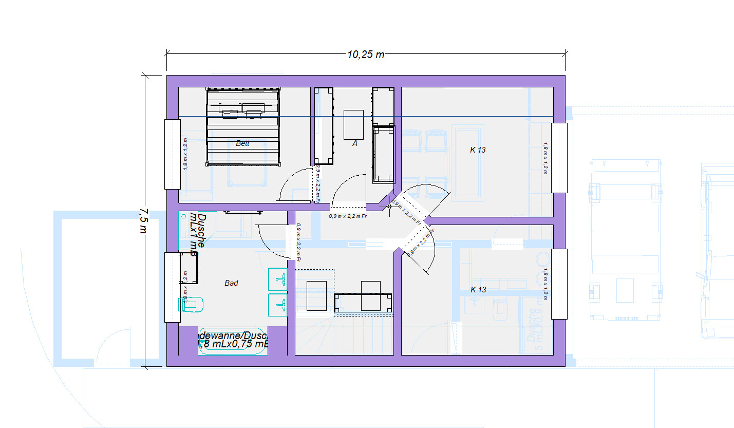 Grundriss eines Gebäudes mit Schlafzimmer (Bett), Bad, Küche (K 13) und Flur; Türen sichtbar.