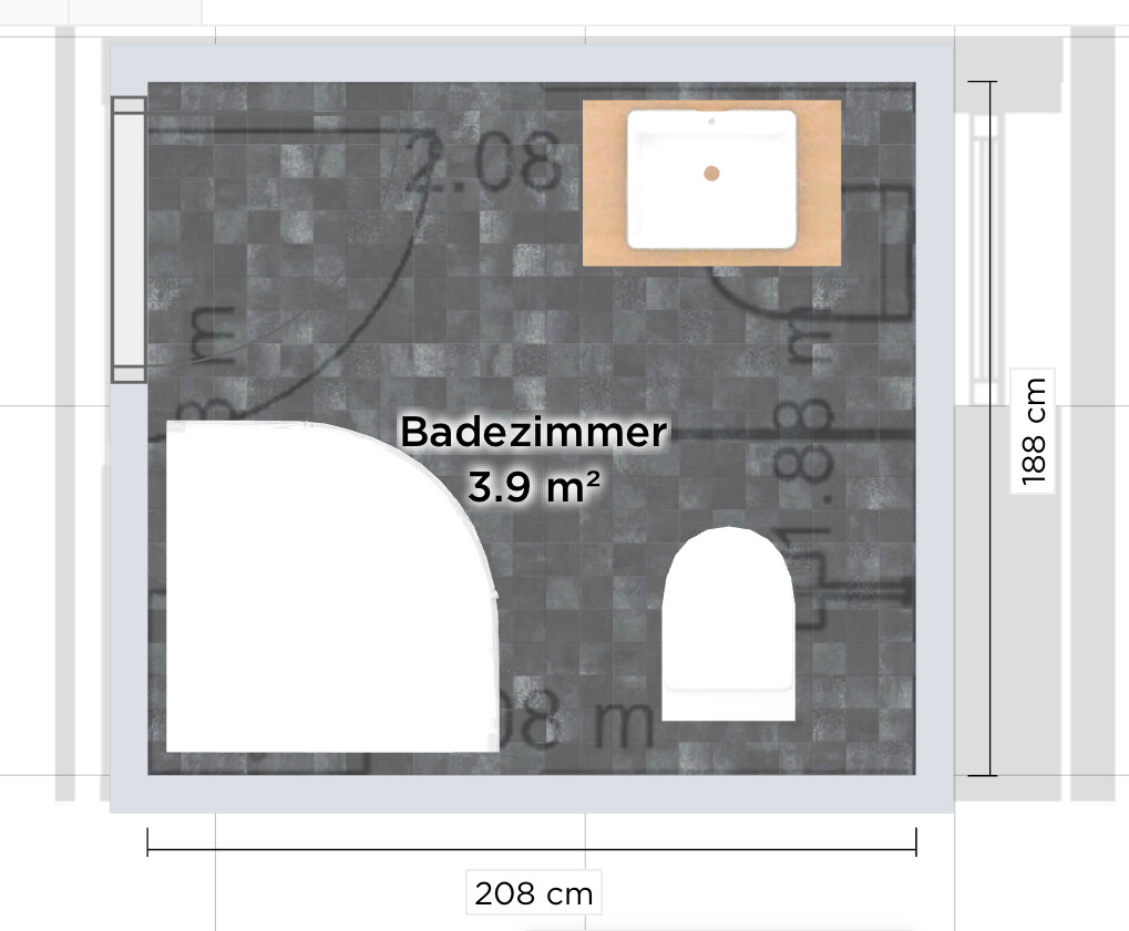 Grundriss eines Badezimmers mit Badewanne, Toilette und Waschbecken; Fläche 3.9 m².