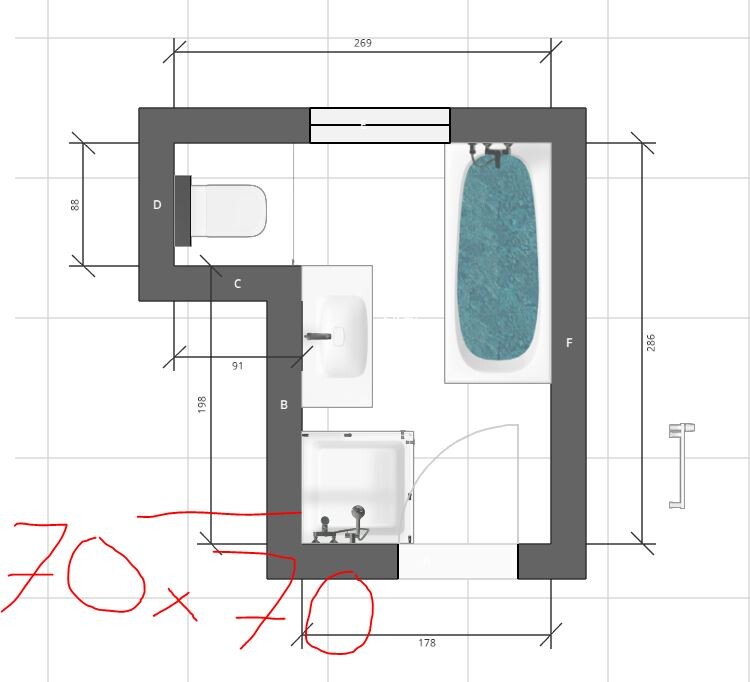 Grundriss eines Badezimmers mit Toilette links, Waschbecken in Mitte und Badewanne rechts.