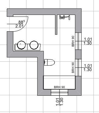 Kompakter Badgrundriss mit Waschbecken, Toilette und Badbereich im Grundriss