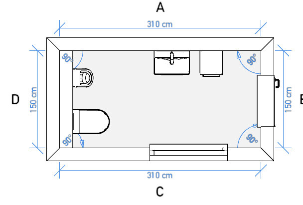 Grundriss eines Badezimmers (310x150 cm): Toilette links, Waschbecken in der Mitte.