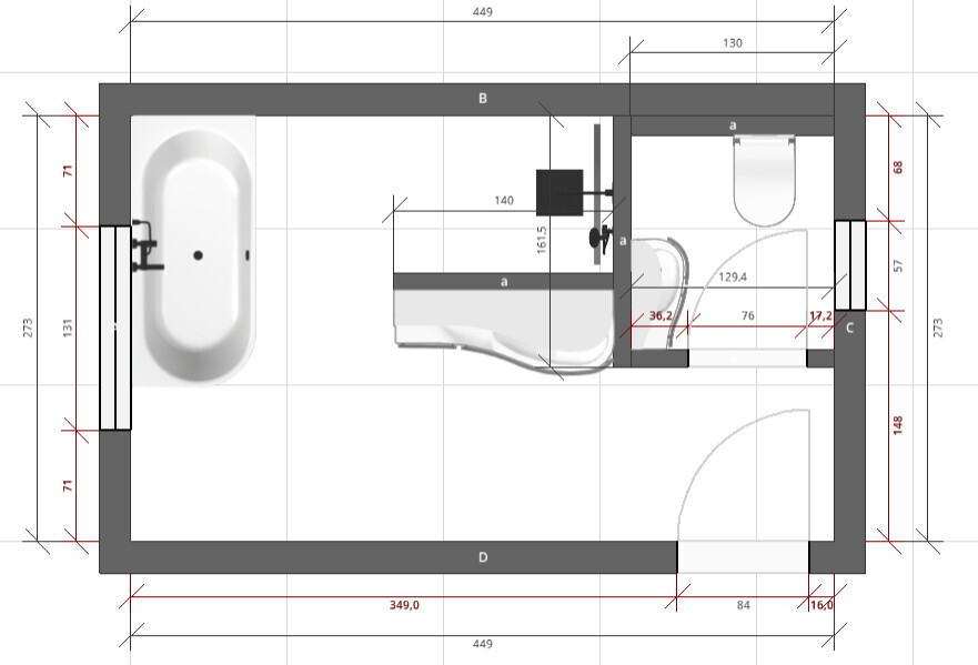 Badezimmer-Grundriss: Badewanne links, Waschbecken in Mitte, WC rechts, Tür unten.