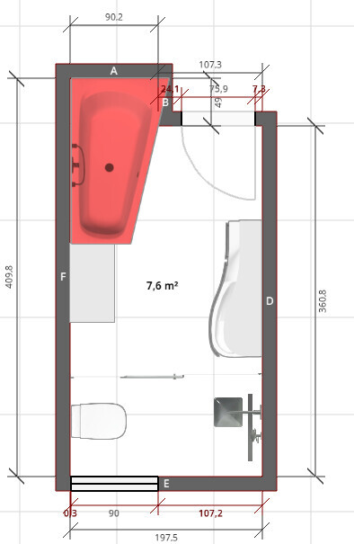 Grundriss eines Badezimmers mit roter Badewanne, Toilette, Waschbecken und Tür.