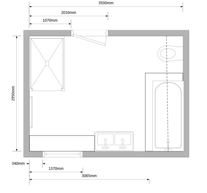 Grundriss eines Badezimmers mit Dusche, Waschbecken, Badewanne und Toilette.