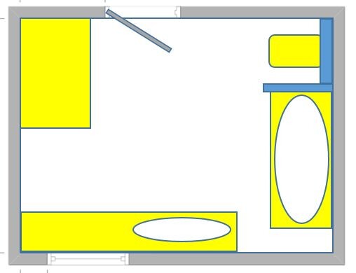 Grundriss eines Raums mit gelben Möbeln: links Schrank, unten Waschbecken, rechts Badewanne.