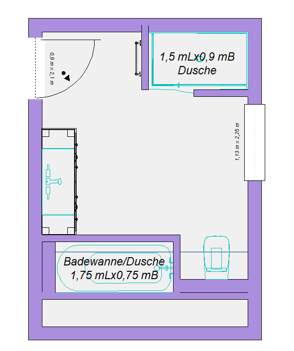 Grundriss eines Badezimmers mit Badewanne/Dusche, Dusche 1,5×0,9 m, Waschbecken, Toilette.