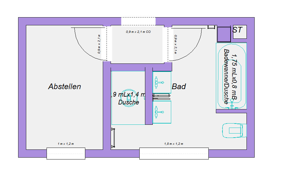Grundriss eines Badezimmers mit Dusche, Badewanne, Waschbecken, Toilette und Abstellraum.