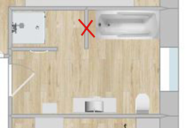 Grundriss eines kleinen Badezimmers mit Waschbecken links, Badewanne rechts;Toilette unten rechts;X