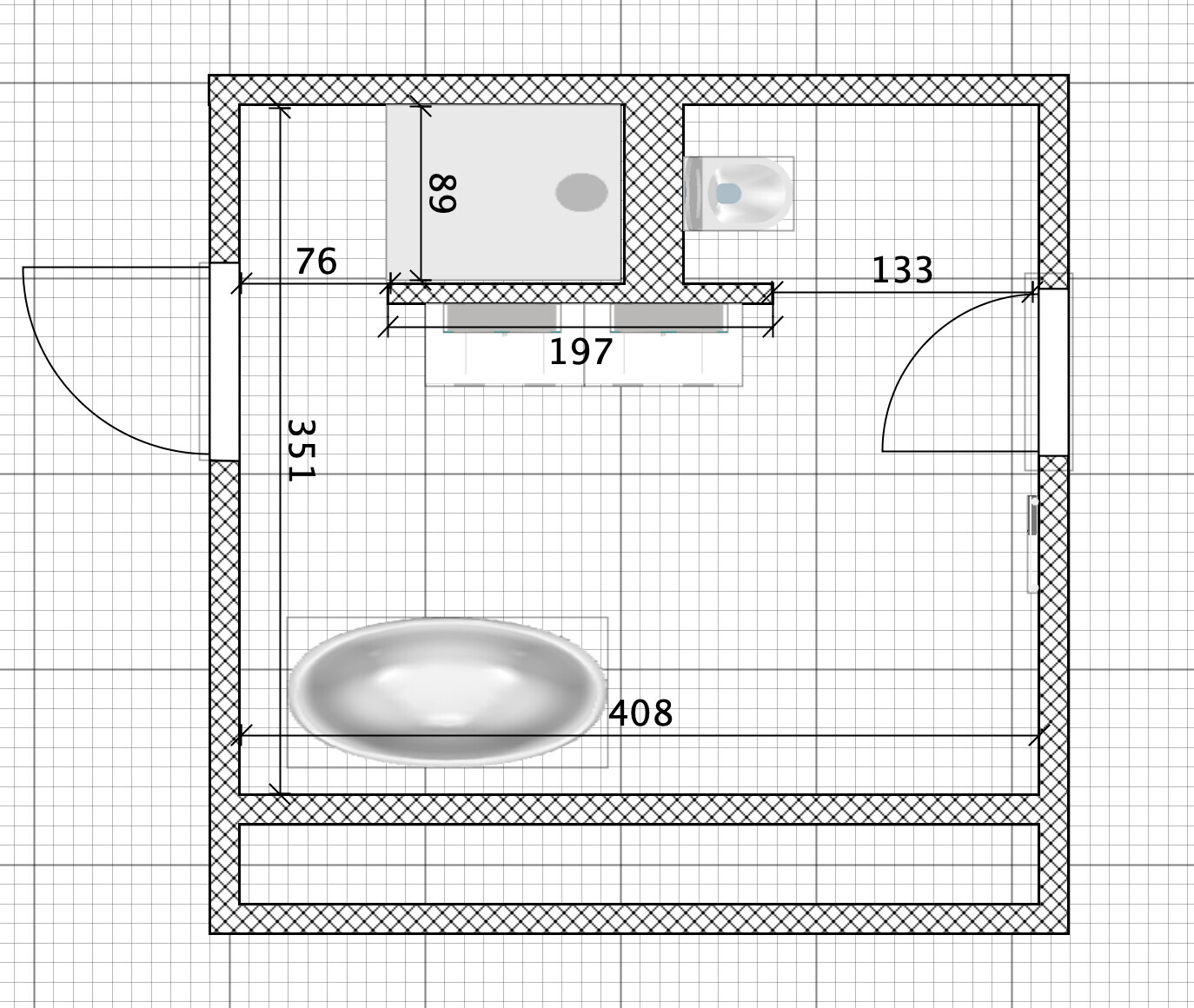 Kompakter Badgrundriss mit Badewanne und Toilette in 2D Zeichnung