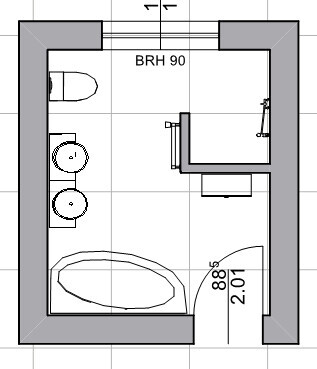 2D Badezimmer Grundriss mit Badewanne Waschbecken Toilette und Tür