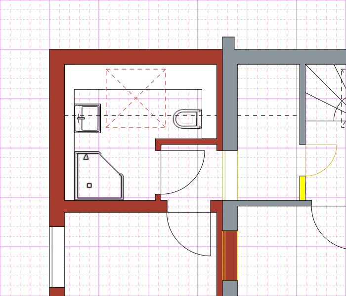 Kompakter Badezimmer-Grundriss mit Waschbecken, Toilette, Dusche und Tür