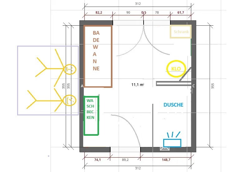 Grundriss eines Badezimmers mit Badewanne, Toilette, Waschbecken, Dusche und Schrank.