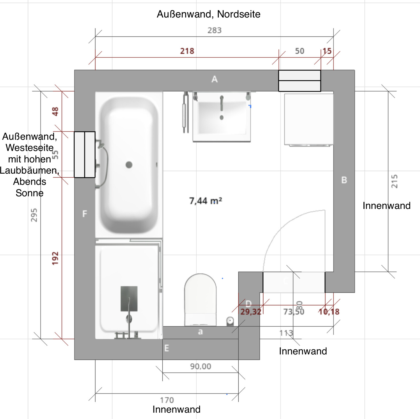 Grundriss eines Badezimmers: Badewanne links, Waschbecken oben Mitte, Toilette unten